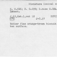 Index card with typed and handwritten information, sometimes including a sketch, of pottery from an excavation.