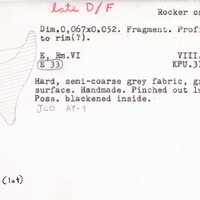 Index card with typed and handwritten information, sometimes including a sketch, of pottery from an excavation.
