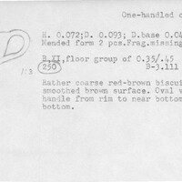 Index card with typed and handwritten information, sometimes including a sketch, of pottery from an excavation.