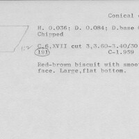 Index card with typed and handwritten information, sometimes including a sketch, of pottery from an excavation.