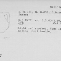 Index card with typed and handwritten information, sometimes including a sketch, of pottery from an excavation.
