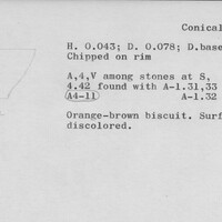 Index card with typed and handwritten information, sometimes including a sketch, of pottery from an excavation.