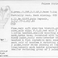 Index card with typed and handwritten information, sometimes including a sketch, of pottery from an excavation.