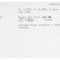 Index card with typed and handwritten information, sometimes including a sketch, of pottery from an excavation.