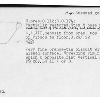 Index card with typed and handwritten information, sometimes including a sketch, of pottery from an excavation.