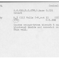 Index card with typed and handwritten information, sometimes including a sketch, of pottery from an excavation.