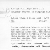Index card with typed and handwritten information, sometimes including a sketch, of pottery from an excavation.