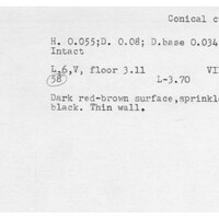 Index card with typed and handwritten information, sometimes including a sketch, of pottery from an excavation.