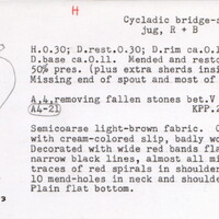Index card with typed and handwritten information, sometimes including a sketch, of pottery from an excavation.