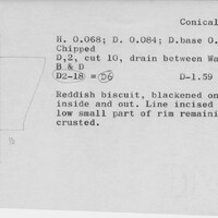 Index card with typed and handwritten information, sometimes including a sketch, of pottery from an excavation.