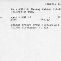 Index card with typed and handwritten information, sometimes including a sketch, of pottery from an excavation.