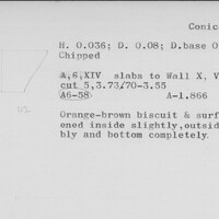 Index card with typed and handwritten information, sometimes including a sketch, of pottery from an excavation.