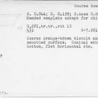 Index card with typed and handwritten information, sometimes including a sketch, of pottery from an excavation.