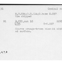 Index card with typed and handwritten information, sometimes including a sketch, of pottery from an excavation.