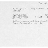 Index card with typed and handwritten information, sometimes including a sketch, of pottery from an excavation.