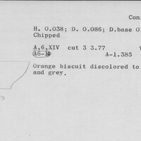 Index card with typed and handwritten information, sometimes including a sketch, of pottery from an excavation.