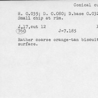 Index card with typed and handwritten information, sometimes including a sketch, of pottery from an excavation.