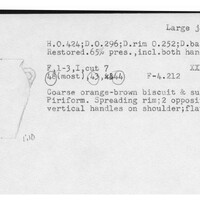 Index card with typed and handwritten information, sometimes including a sketch, of pottery from an excavation.