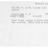 Index card with typed and handwritten information, sometimes including a sketch, of pottery from an excavation.