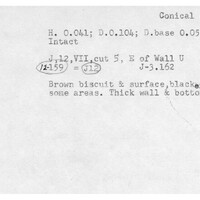 Index card with typed and handwritten information, sometimes including a sketch, of pottery from an excavation.