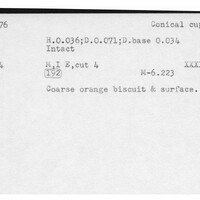 Index card with typed and handwritten information, sometimes including a sketch, of pottery from an excavation.
