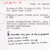 Index card with typed and handwritten information, sometimes including a sketch, of pottery from an excavation.