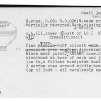 Index card with typed and handwritten information, sometimes including a sketch, of pottery from an excavation.