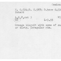 Index card with typed and handwritten information, sometimes including a sketch, of pottery from an excavation.
