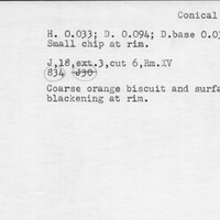 Index card with typed and handwritten information, sometimes including a sketch, of pottery from an excavation.
