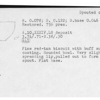 Index card with typed and handwritten information, sometimes including a sketch, of pottery from an excavation.