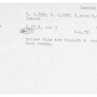 Index card with typed and handwritten information, sometimes including a sketch, of pottery from an excavation.