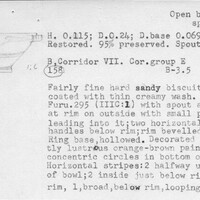 Index card with typed and handwritten information, sometimes including a sketch, of pottery from an excavation.