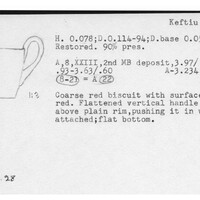Index card with typed and handwritten information, sometimes including a sketch, of pottery from an excavation.