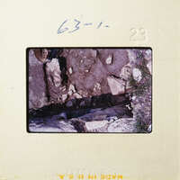 A photograph showing a rocky terrain with patches of grass and dirt.