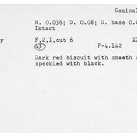 Index card with typed and handwritten information, sometimes including a sketch, of pottery from an excavation.