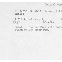 Index card with typed and handwritten information, sometimes including a sketch, of pottery from an excavation.