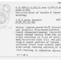 Index card with typed and handwritten information, sometimes including a sketch, of pottery from an excavation.