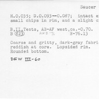 Index card with typed and handwritten information, sometimes including a sketch, of pottery from an excavation.