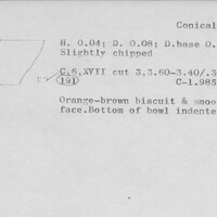 Index card with typed and handwritten information, sometimes including a sketch, of pottery from an excavation.