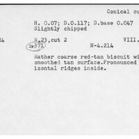 Index card with typed and handwritten information, sometimes including a sketch, of pottery from an excavation.