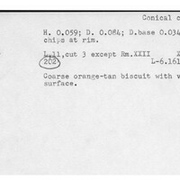 Index card with typed and handwritten information, sometimes including a sketch, of pottery from an excavation.