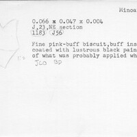 Index card with typed and handwritten information, sometimes including a sketch, of pottery from an excavation.