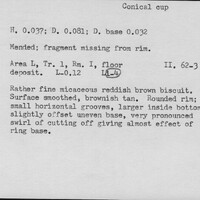 Index card with typed and handwritten information, sometimes including a sketch, of pottery from an excavation.