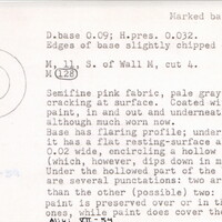 Index card with typed and handwritten information, sometimes including a sketch, of pottery from an excavation.