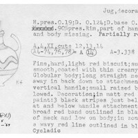 Index card with typed and handwritten information, sometimes including a sketch, of pottery from an excavation.