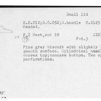 Index card with typed and handwritten information, sometimes including a sketch, of pottery from an excavation.