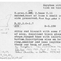 Index card with typed and handwritten information, sometimes including a sketch, of pottery from an excavation.