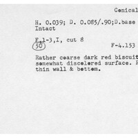 Index card with typed and handwritten information, sometimes including a sketch, of pottery from an excavation.
