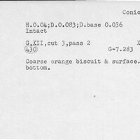 Index card with typed and handwritten information, sometimes including a sketch, of pottery from an excavation.