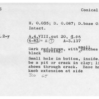 Index card with typed and handwritten information, sometimes including a sketch, of pottery from an excavation.